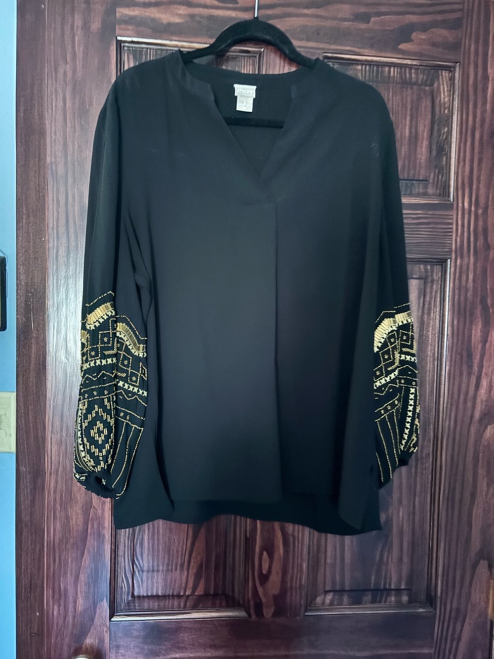 Chico's Black Blouse with Gold Embroidered Sleeves